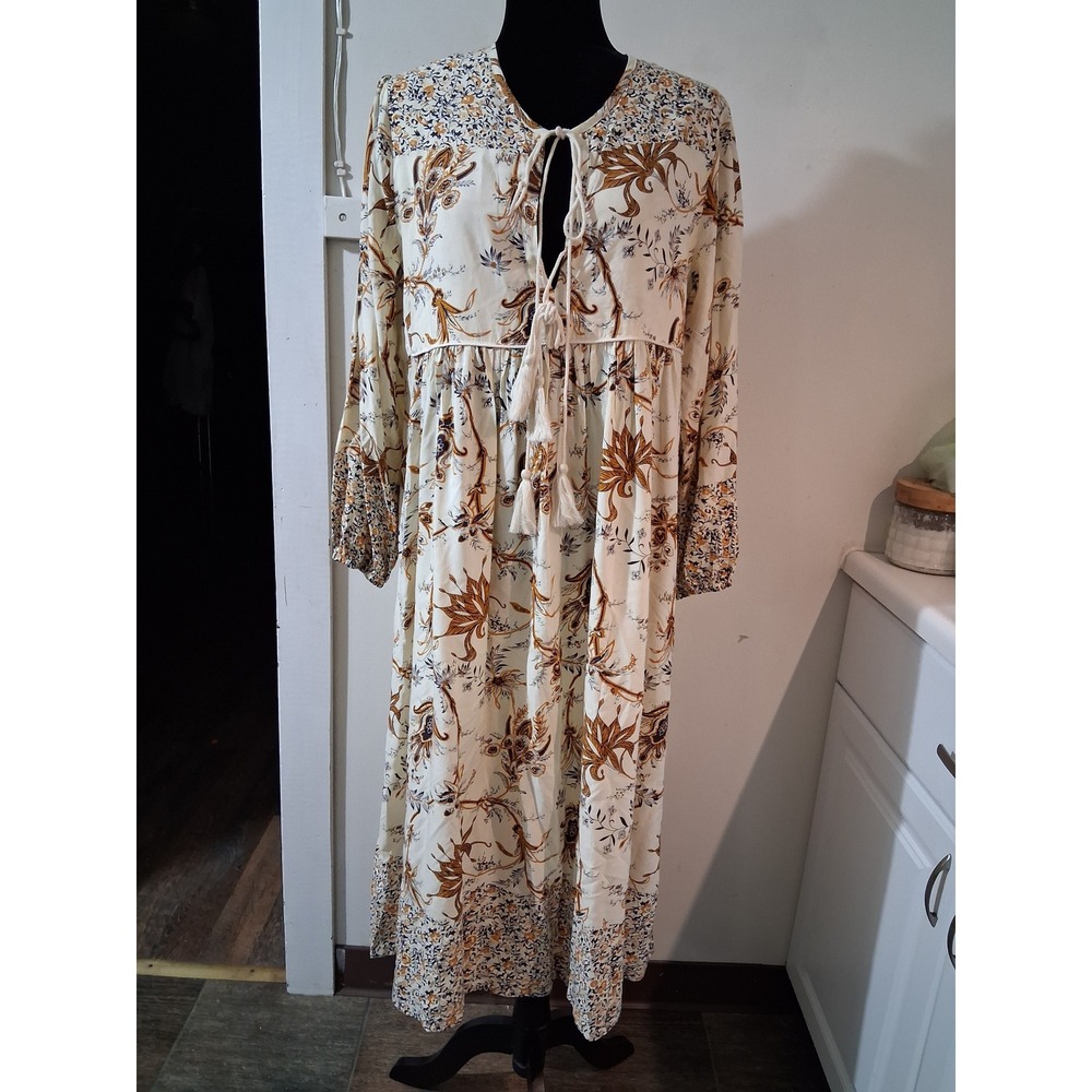 R.Vivimos Womens Boho Floral Paisley Midi Dress Cream Rust Size M 8/10 Tassels